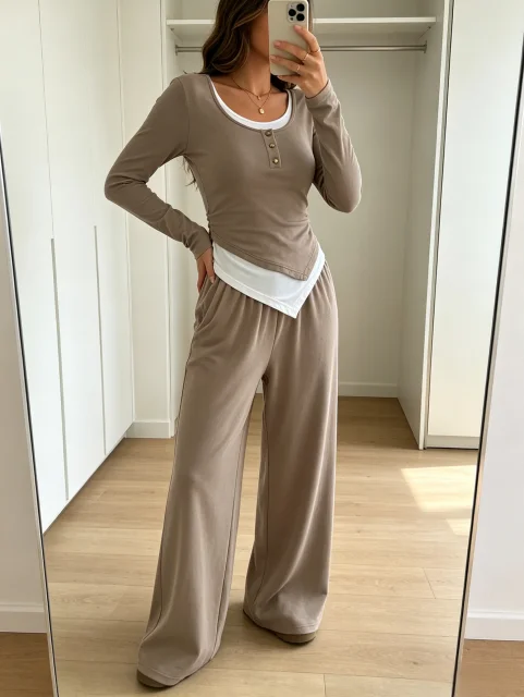 Women's 2 Piece Set Casual Loungewear Track Fake Layer Long Sleeve Henley Top with Elastic Drawstring Wide Leg Pants