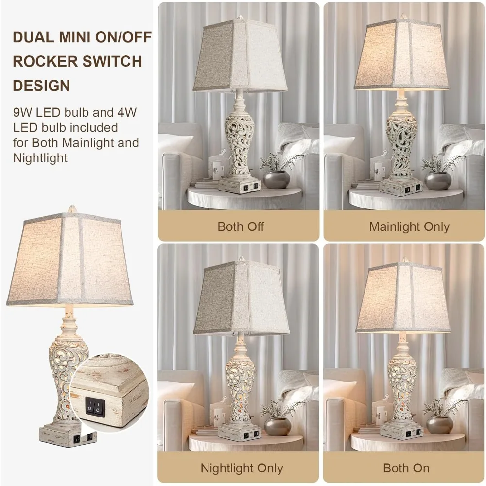 Table Lamps Set of 2 - Bedside Lamp with Fabric Shades - for Bedroom and Living Room with USB and Nightlight