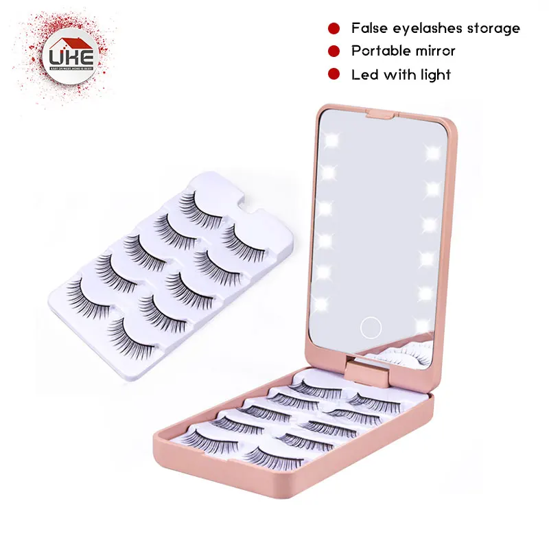 False eyelashes storage box mirror led with light touch rotating portable makeup mirror