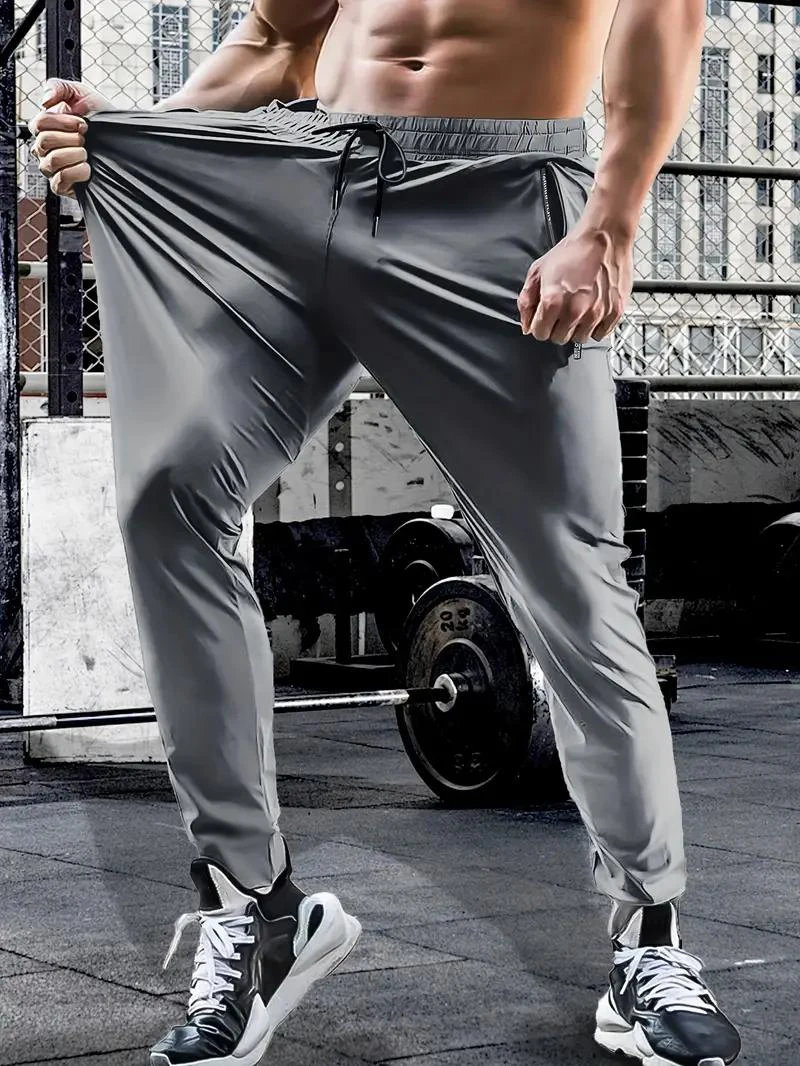 Summer Spring Men's Waist Drawstring Quick Dry High Stretch Solid Color Sports Training Outdoor Long Pants With Zipper Pockets