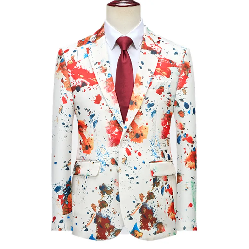 Asian-sized White Men's Suit Jacket, Splatter-art Print Embellished Coat, Slim-fit Tailored Top.Suitable for Weddings/Parties.