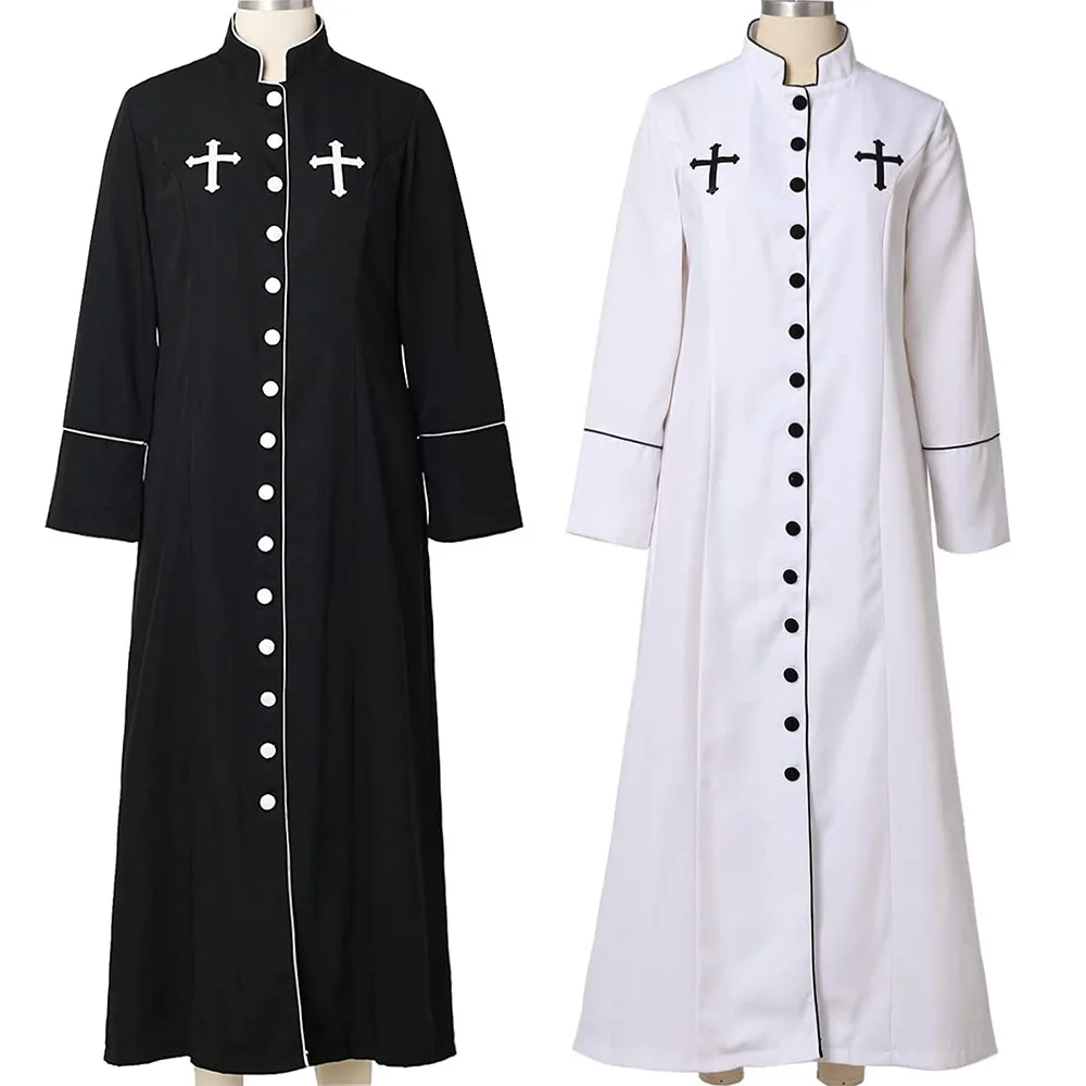 Halloween Cosplay Costumes Medieval Priest Stand Collar Belt Outfit Catholic Church Religious Retro Pope Pastor Father Mass Robe