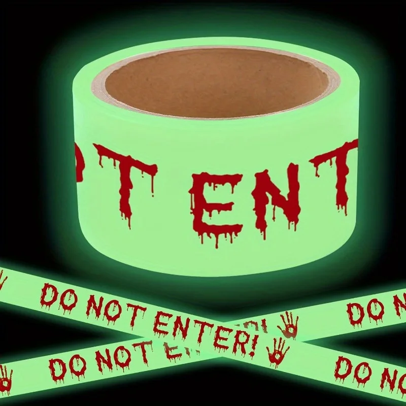 1Roll Luminous Warning Tape Glowing Hand No Entry Sign Suitable for Indoor Outdoor Halloween Party Decorations Long-Lasting Glow