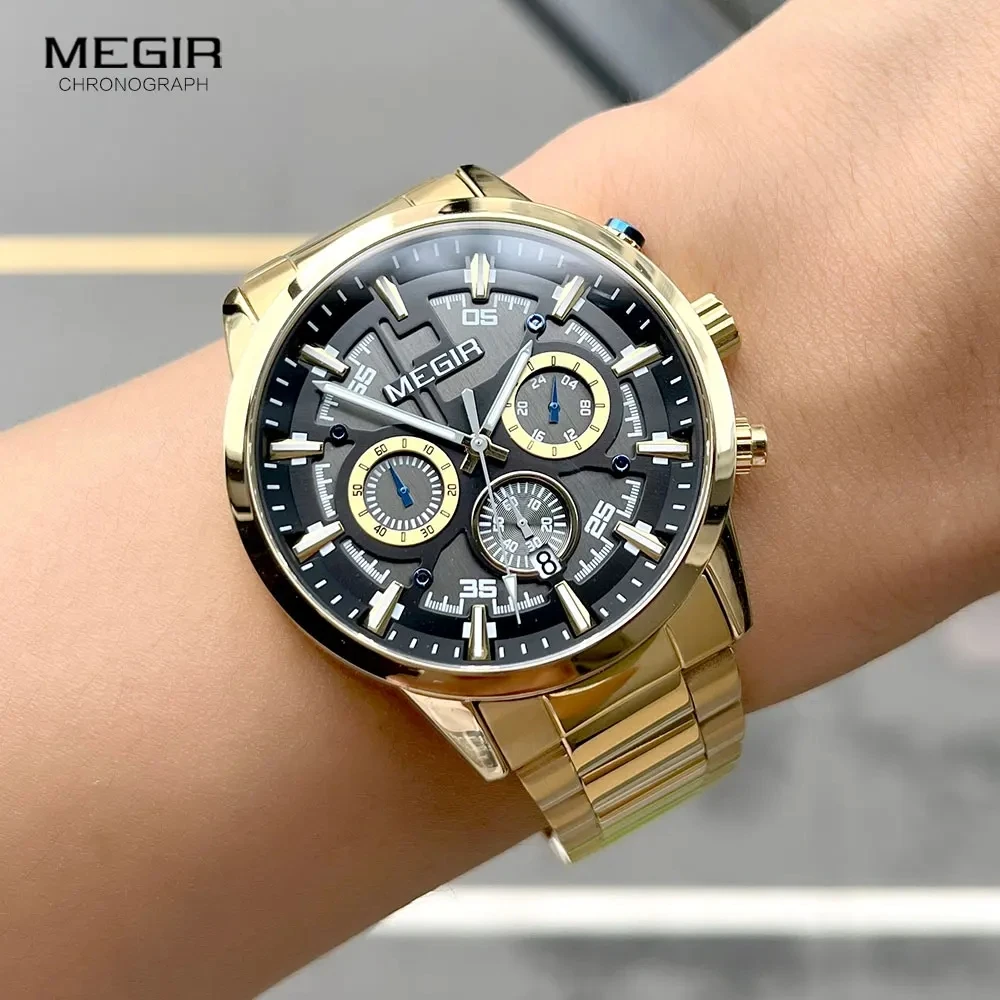 MEGIR 2220 Men Quartz Watch Fashion Elegant Business Silvery Chronograph Gold Stainless Steel Strap Wristwatches for Male Clock