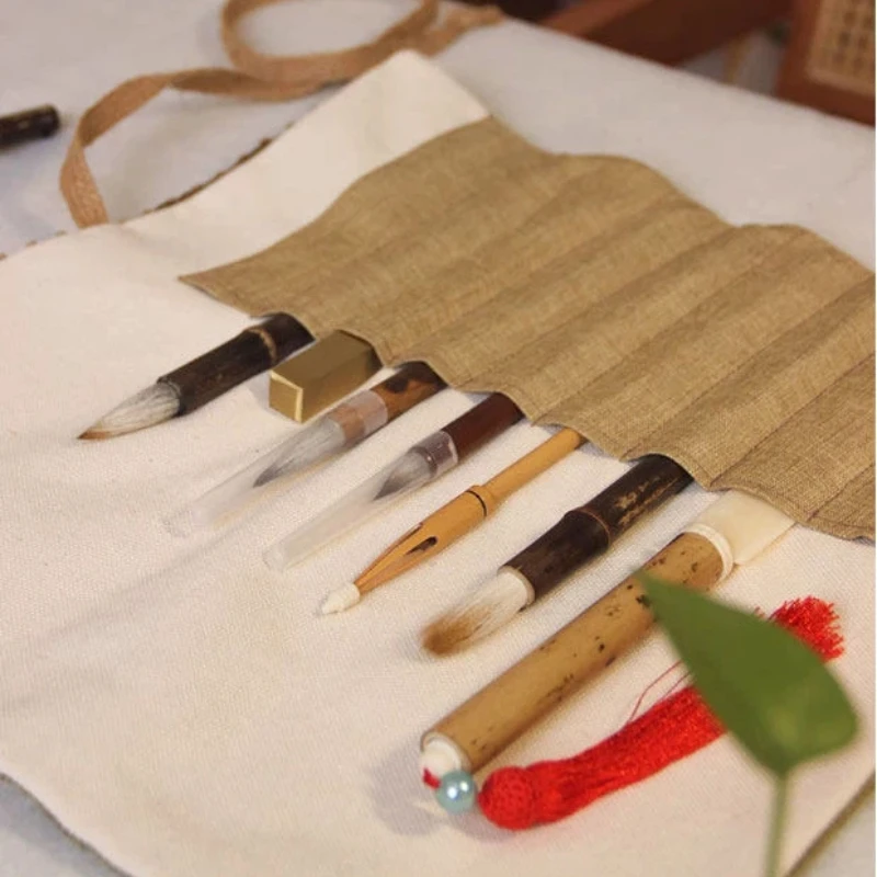 Picture 5: Cotton Linen Calligraphy Brush Roll Case Chinese Style Large Capacity Storage Bag Portable Calligraphy Painting Brush Roll Pouch