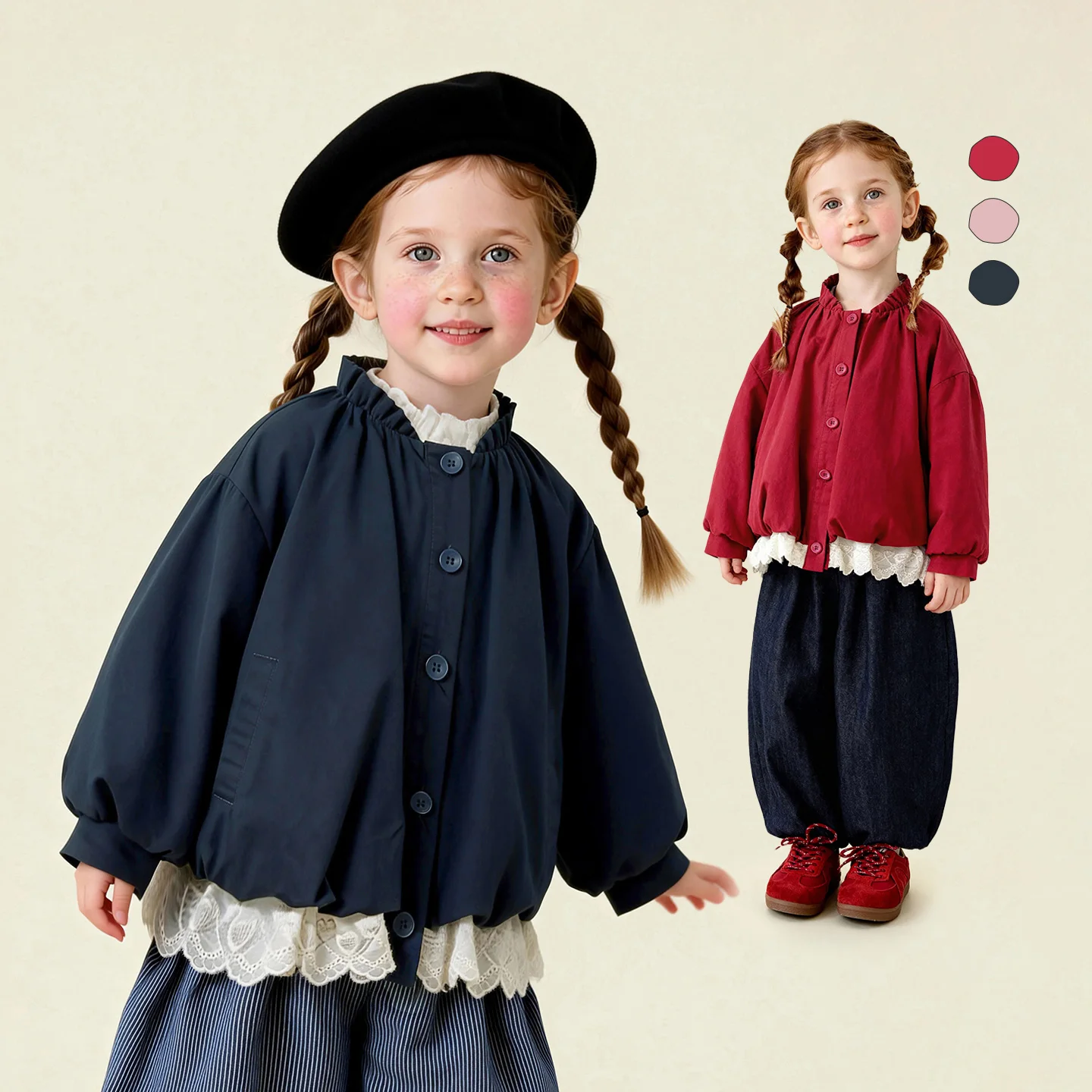 Amila Spring Girls' Coat Lace Lace Splicing Sweet Bubble Sleeves Fashionable Western Long Sleeve Children's Clothing Top