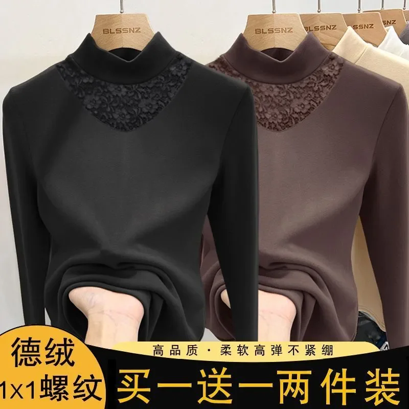 Double-sided German Vel Half-high Neck Autumn and Winter New Lace Hollow Versatile Slim Long-sleeved T-shirt Top