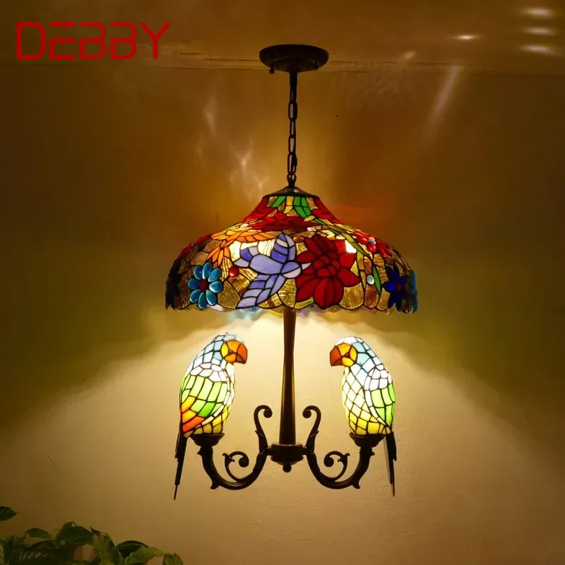 DEBBY Tiffany Parrot Chandelier Vintage Creative Color Glass Living Room restaurant Bedroom Hotel Corridor Pendant Lamp