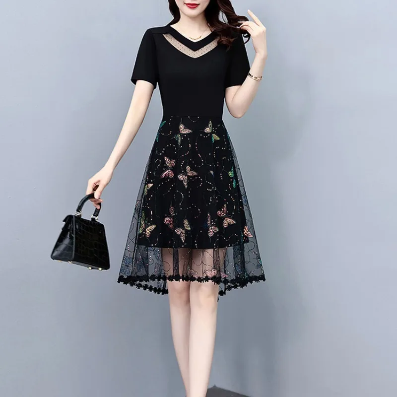 

Women's Summer Round Neck Gauze Bright Silk Solid Hollow Out Colored Butterfly Short Sleeve Casual Elegant Fashion Knee Dress