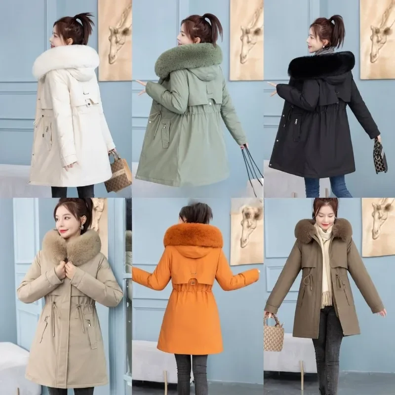

New Women Winter Jacket Slim Medium Long Styles Coat Casual Parkas Big Fur Collar Wool Liner Hooded Outwear Warm Women Clothing