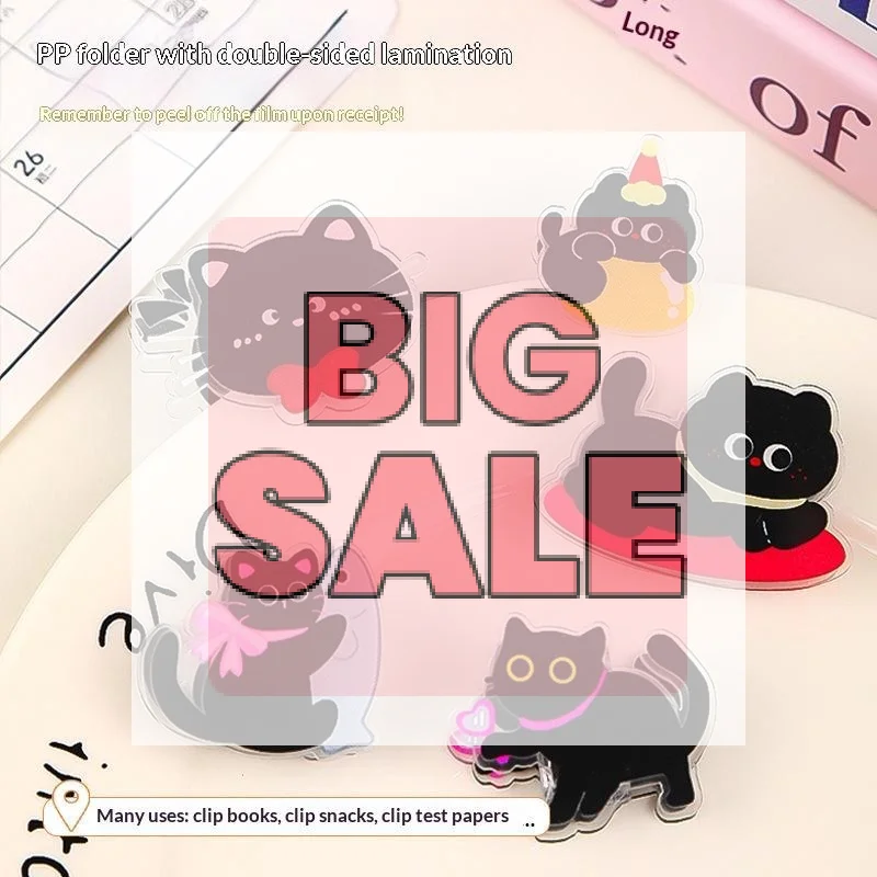 Cute Cartoon Black Cat Acrylic PP Clips Waterproof Clear Pattern Durable For School Office Scrapbooking Stationery