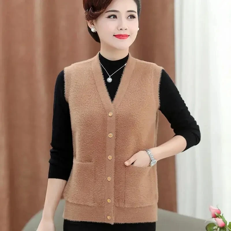 

Imitation Mink Velvet Vest Coat Women Autumn Sleeveless Cardigan V-Neck Single-Breasted Pocket Gilet Femme Solid Waistcoat