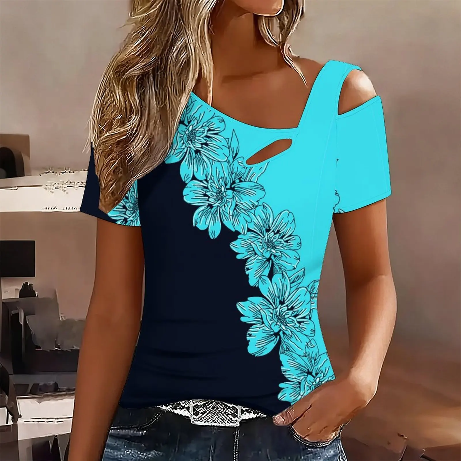 Trendy Fashion Rose Flower Printed Top Elegant Women's Off-Shoulder Floral Print T-Shirt