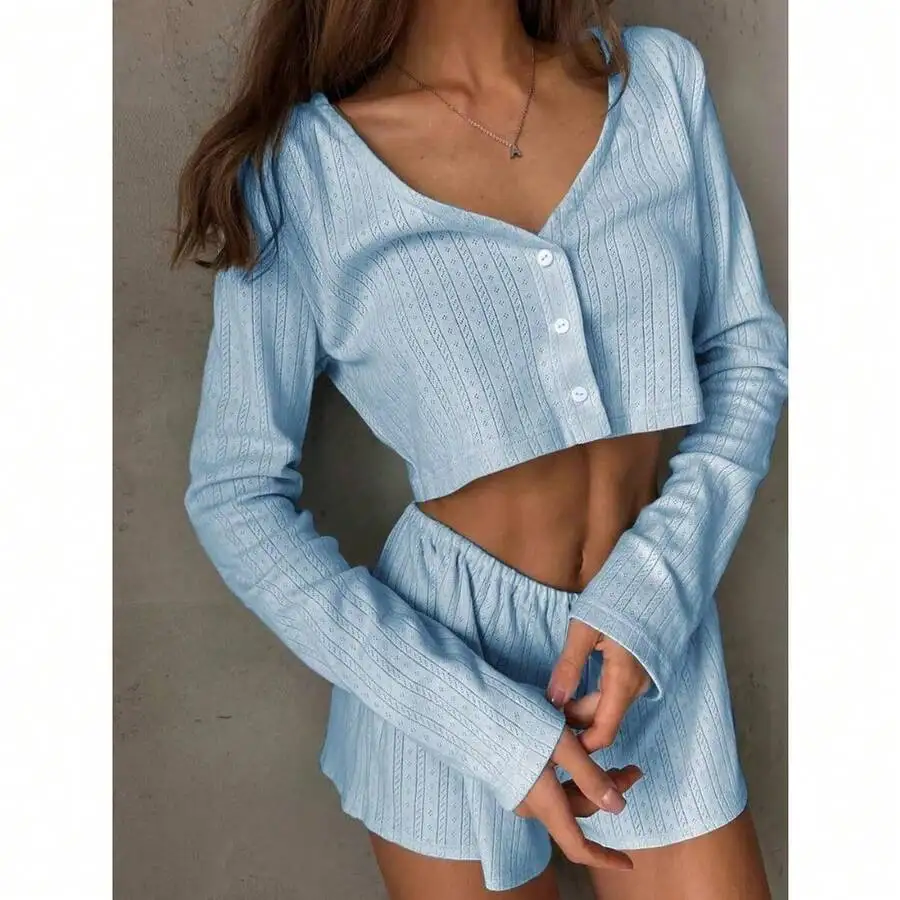 

Two Piece U-Neck Solid Color Long Sleeve Cropped Top And Shorts Women Pajama Set