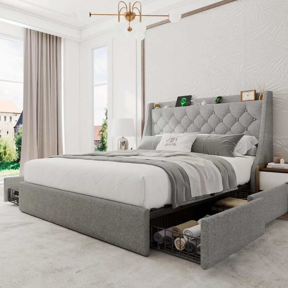 

Upholstered Queen Bed Frame with 4 Storage Drawers, Platform Bed Frame with Wingback Headboard