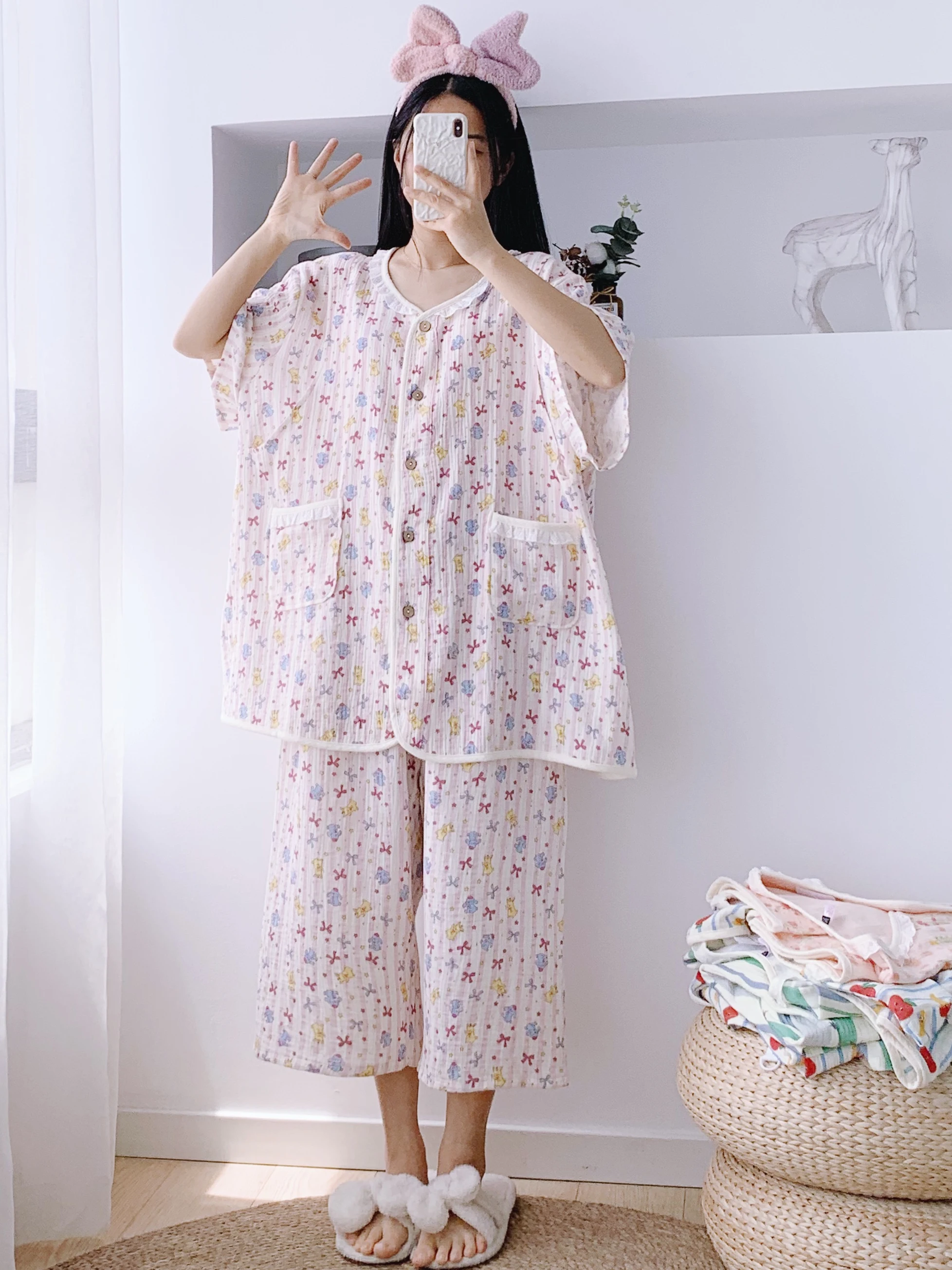 pure-cotton-double-layered-short-sleeve-seven-foot-pants-sleepwear-with-ruffle-loose-maternity-wear-summer-breathable-v-neck