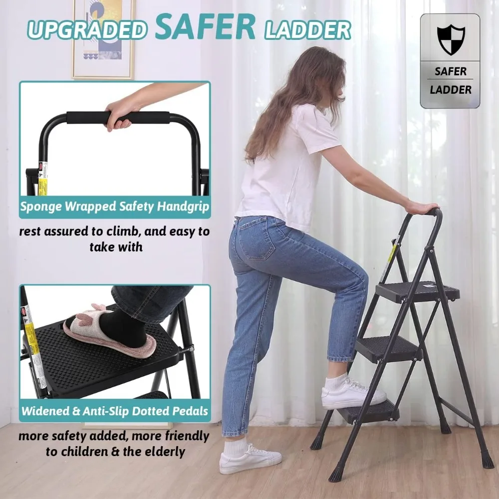 Step Ladder 3 Step Folding with Handgrip, 500Lbs Steel Step Stool, Folding Ladder Anti-Slip Wide Pedals, Portable Kitchen/Closet