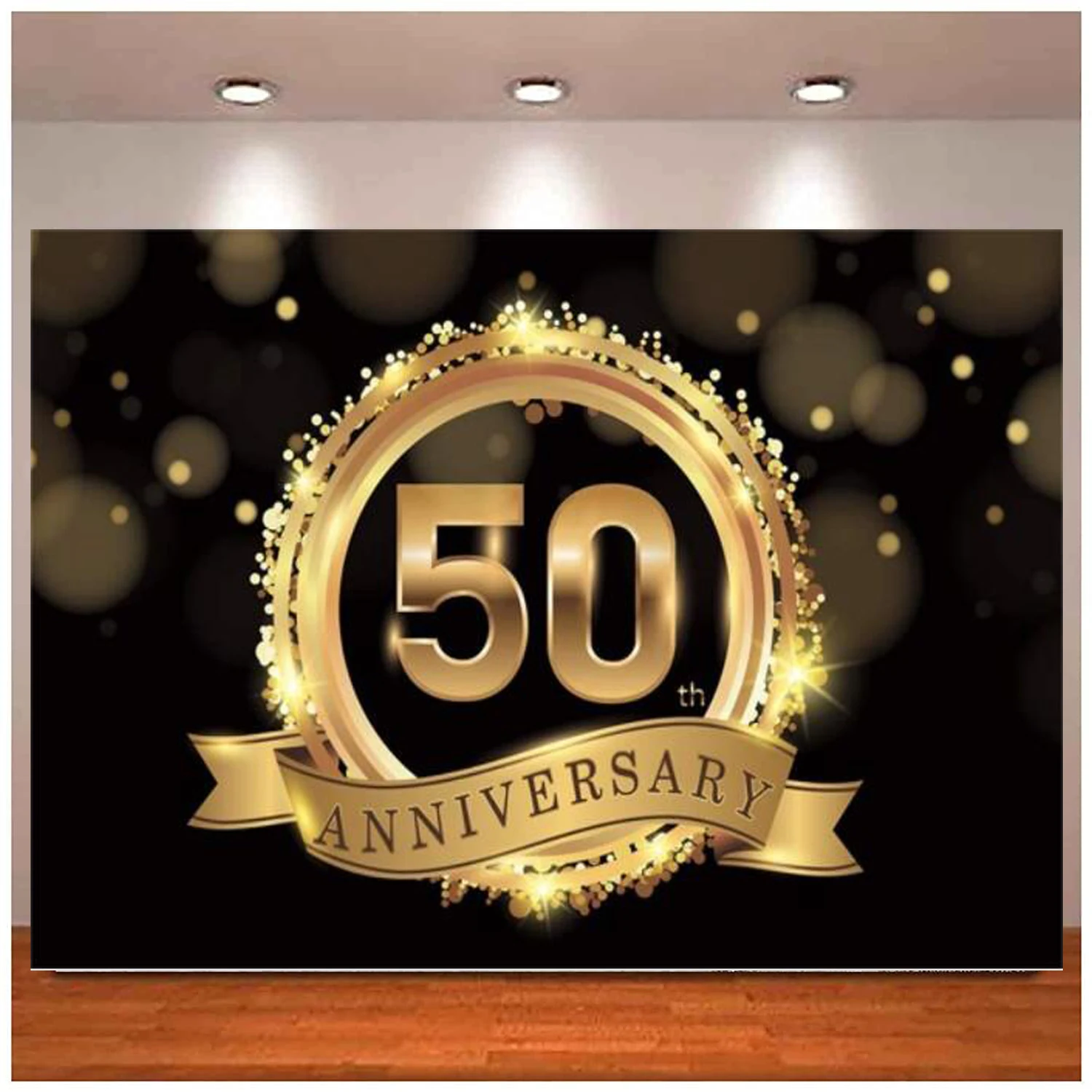 Happy 50th Photography Backdrop Gold Glitter Halo Dots Fift ieth Anniversaries Celebration Decor Golden Wedding Background