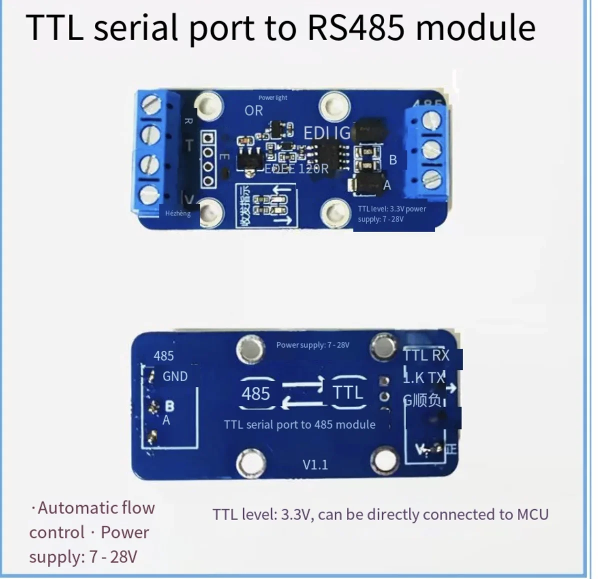 TTL serial port to RS485 module, 485 to serial port, hardware automatic flow control, supports 3.3V and 5V power supply