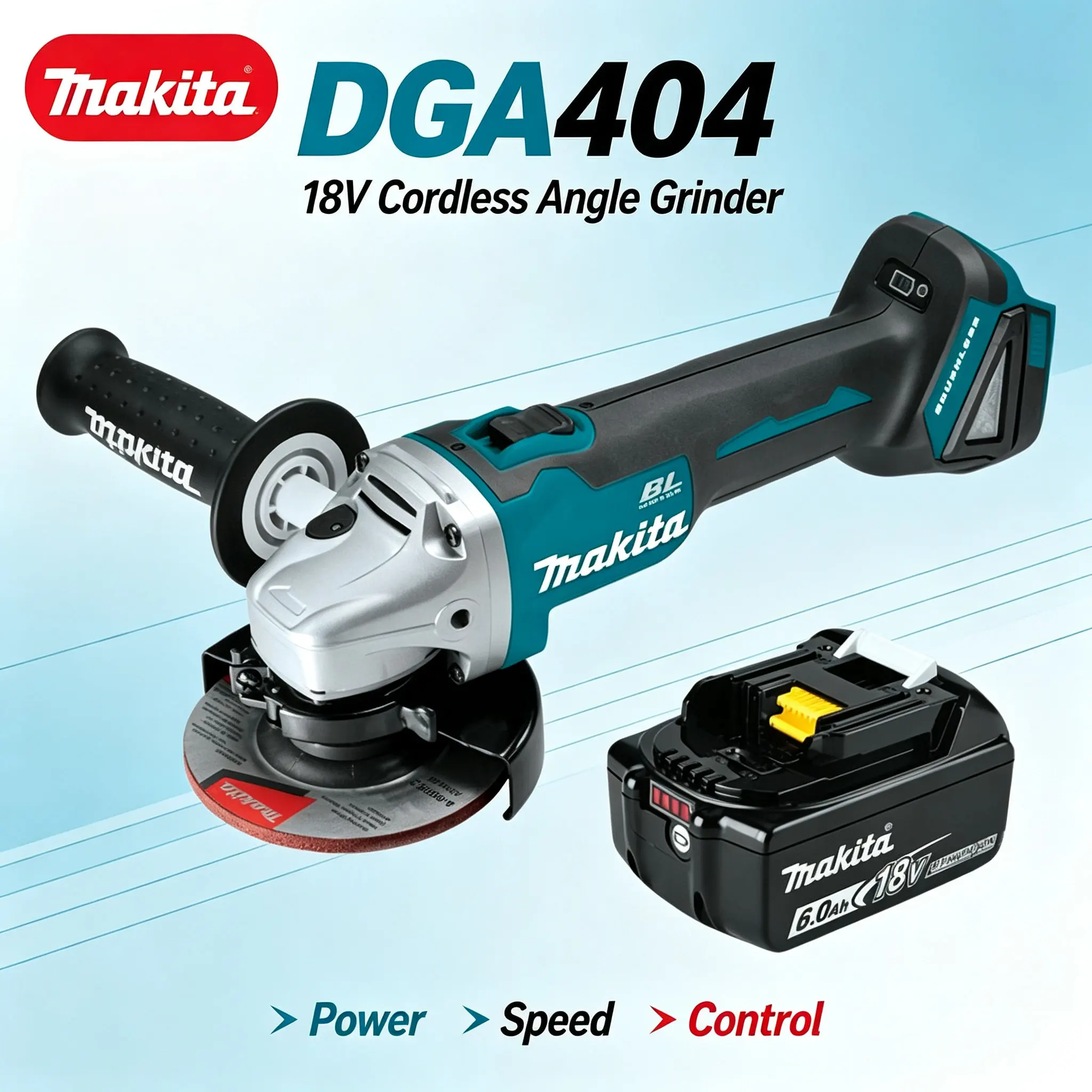 Smerigliatrice elettrica a batteria Makita DGA404 18V, utensile elettrico senza fili e con motore brushless, ideale per tagliare, smerigliare e lucidare metalli, per officine, garage, manutenzione