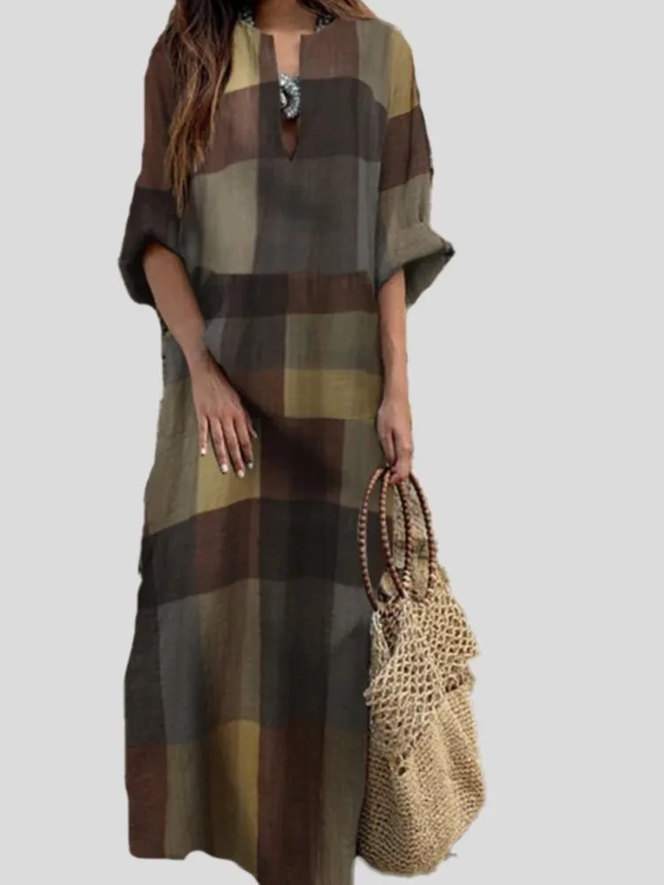 المرأة خمر القطن الكتان منقوشة طباعة قميص فستان طويل الخريف س الرقبة طويلة الأكمام عادية فضفاض عطلة فساتين الحفلات Vestidos #2