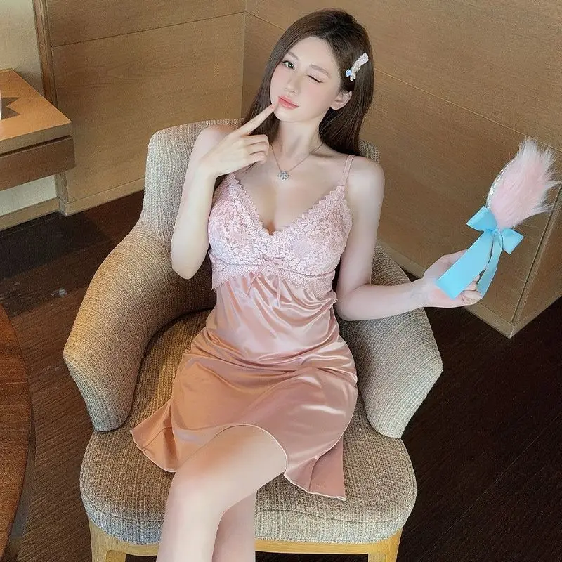 

2026 Summer Sexy Lace Lingerie Silk Satin Spaghetti Strap Nightgowns for Women Cute Sleepwear Night Dress Nightdress Home Nighty