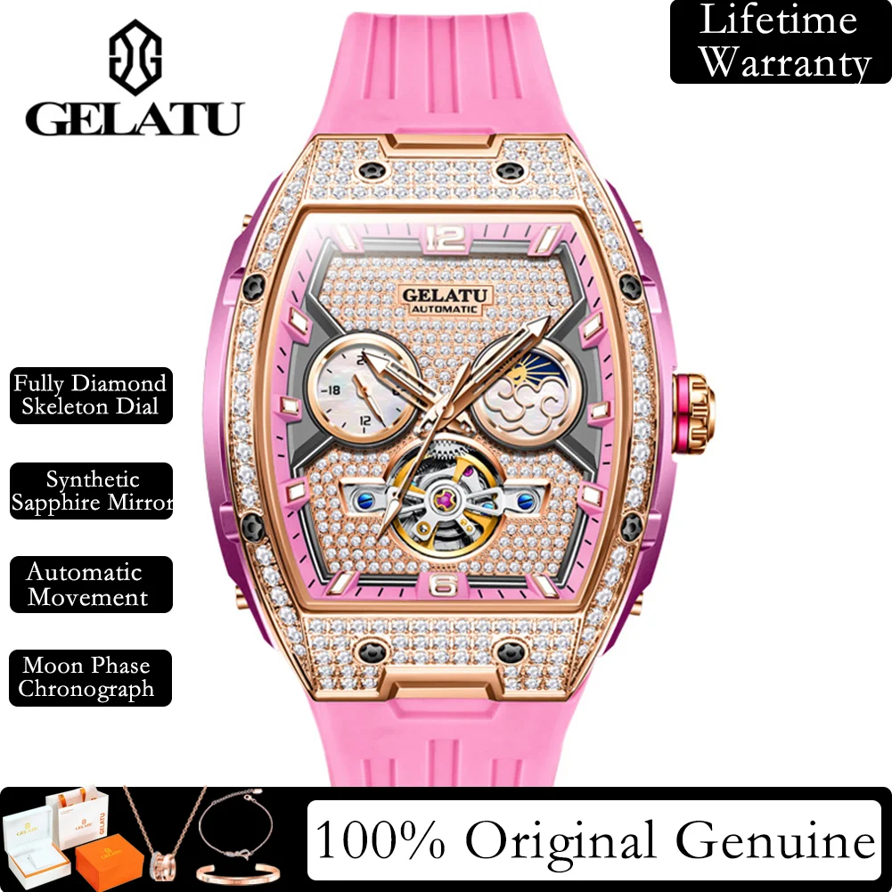 

GELATU Полностью бриллиантовые часы для женщин, роскошные водонепроницаемые часы с полыми фазами Луны, хронограф, автоматические механические женские часы 6016