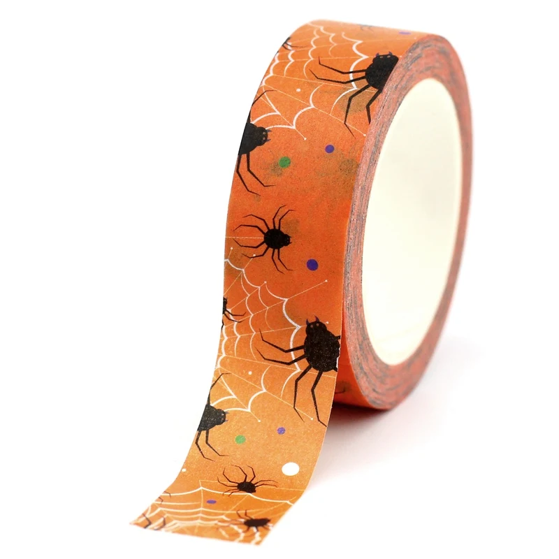 

1PC. 10M Decorative Spiders Orange Background Halloween Washi Tape Journaling Adhesive Masking Tape cute papeleria supplies