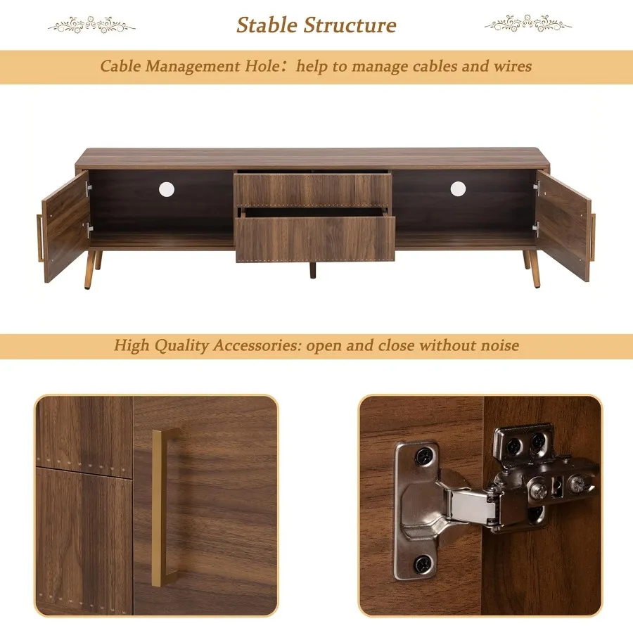 70,8 Suporte de TV para sala de estar com armário de armazenamento de nogueira com design canelado Mesa de console de mídia moderna de meados do século com portas e F