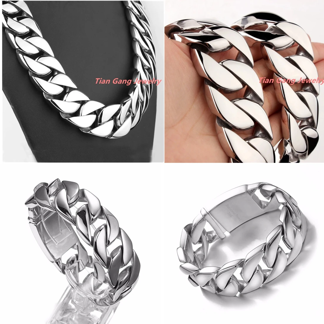 26/31mm Super Heavy Curb Cuban Boys Mens Chain Silver Color 316L Stainless Steel Necklace Bracelet Wholesale Jewelry