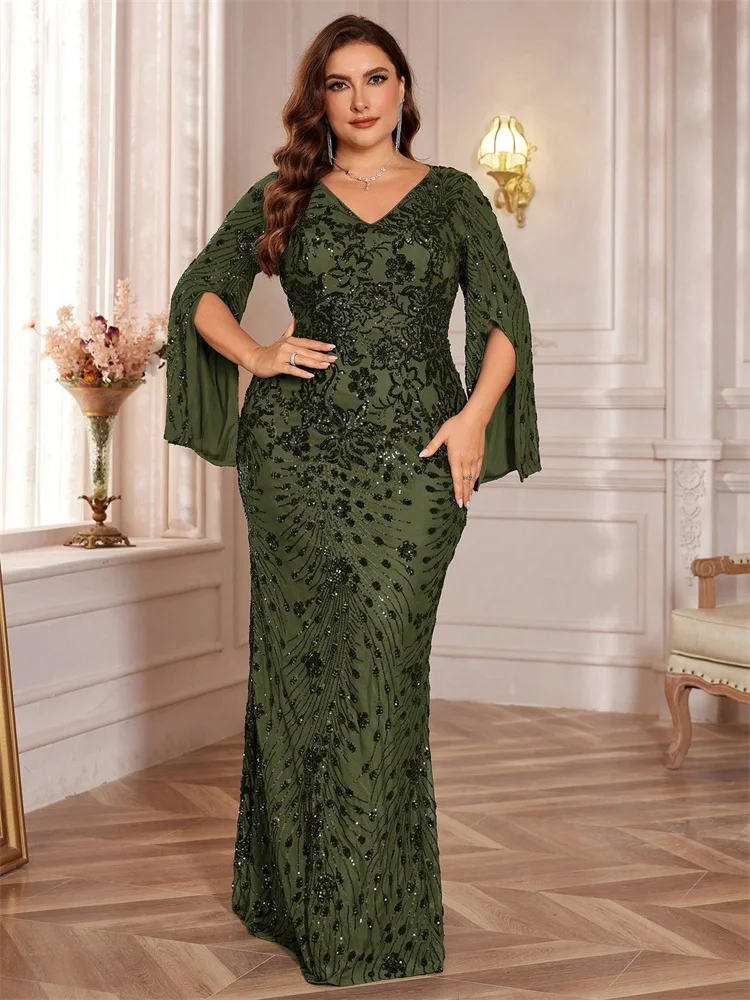 Lucyinlove Plus Größe Luxus Schwarz Abendkleider Frauen Schlitz Langarm Meerjungfrau Formale Pailletten Hochzeit Party Cocktail Kleider – Detail 18