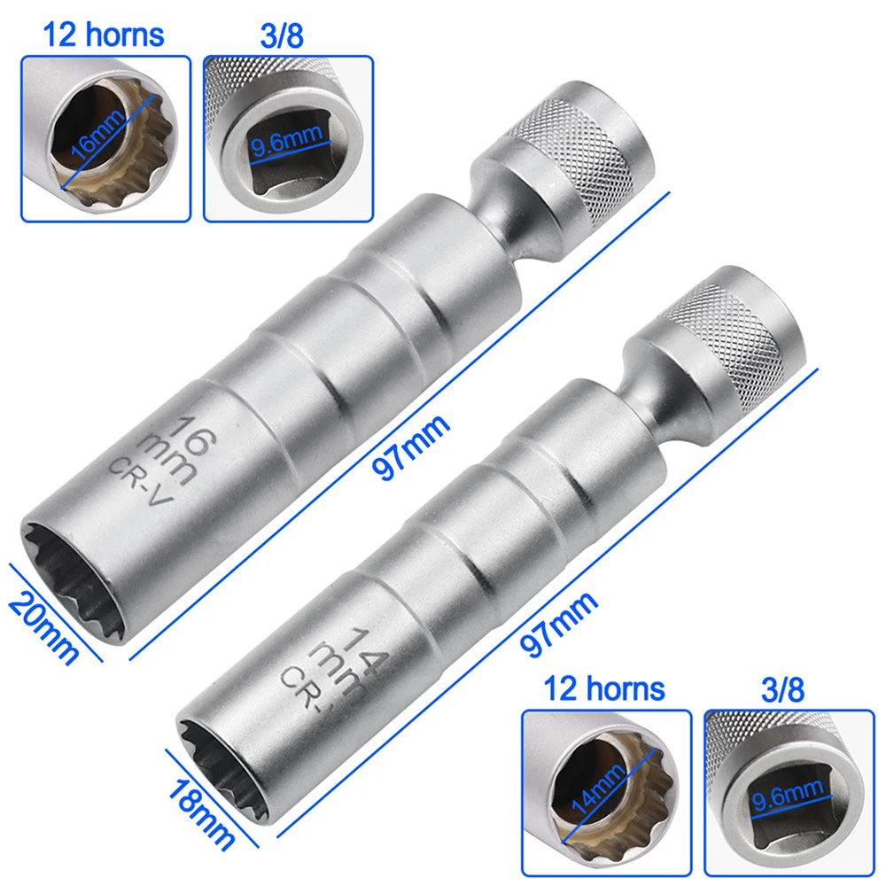 14/16mm Car Reparing Tool Spark Plug Socket Wrench Magnetic 12 Angle Spark Plug Removal Tool Thin Wall 3/8