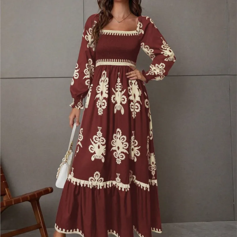 2025 الخريف المرأة أنيقة ملابس منقوشة بكم طويل فستان طويل Vestido Largo Mujer أنيقة البوهيمي فساتين السهرة عطلة نمط