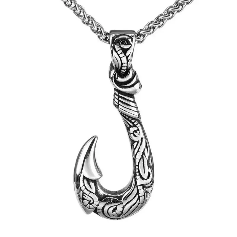 

Ожерелье с рыболовным крючком и волнистым тотемом для мужчин, модные ожерелья с геометрической формой в стиле ретро, универсальные тайские серебряные украшения, подарок для мальчика KOFSAC