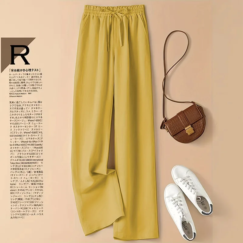 Pantaloni casual a gamba larga in lino di cotone Pantaloni estivi da donna Fashin Elastico in vita Tinta unita Pantaloni dritti semplici di base Abiti femminili