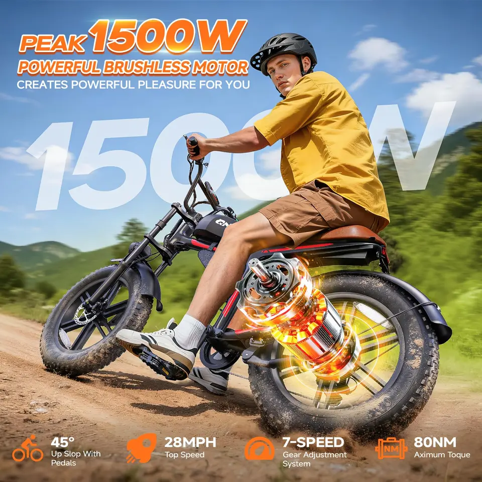 QNUT BK20 Electric Bicycle for Adults 1500W 48V 18AH Battery 20*4.0' Fat Tire Electric Dirt Bike All-Terrain Vintage EBike Off-Road Retro Mountain EBike image 4