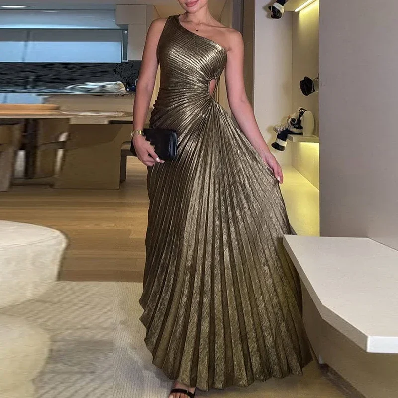 Sexy Symmetrical Hollow Pleats Long Dress Lady Fashion Slanted Neck High Waist Party Dress Elegant Temperament Solid Party Dress