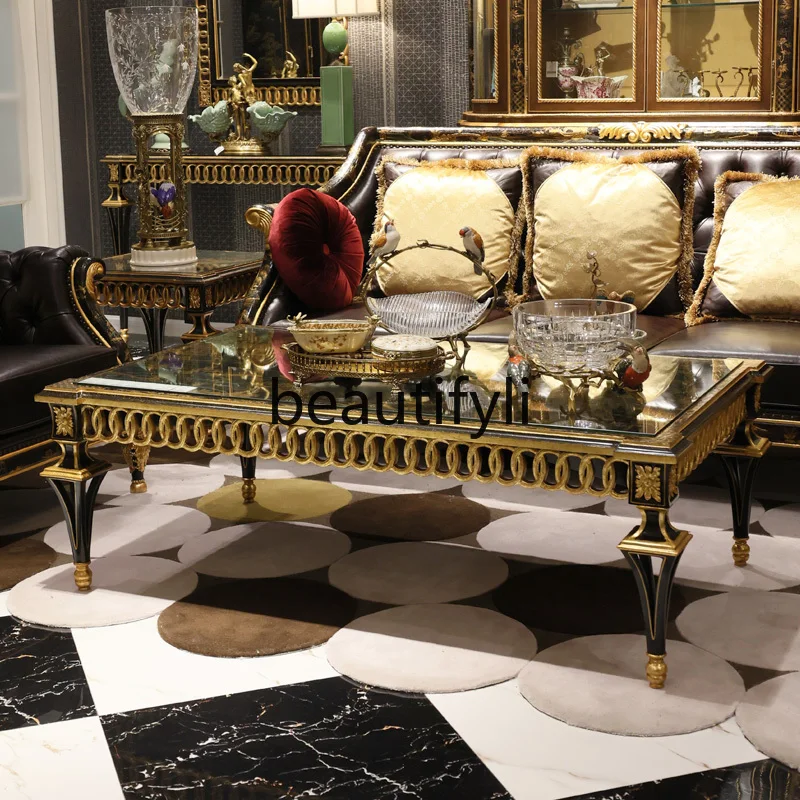 

European French New Chinese Style Hand-painted Gold-painted Pavilion Black Solid Wood Rectangular Tea Table