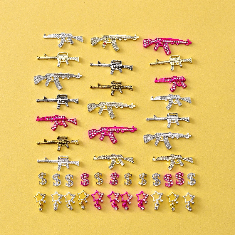 44PCS Gun Nail Charms Nail Art Rhinestone,Gold Silver Alloy Gun Dollar Sign Star Nail Decoration for Acrylic Nails