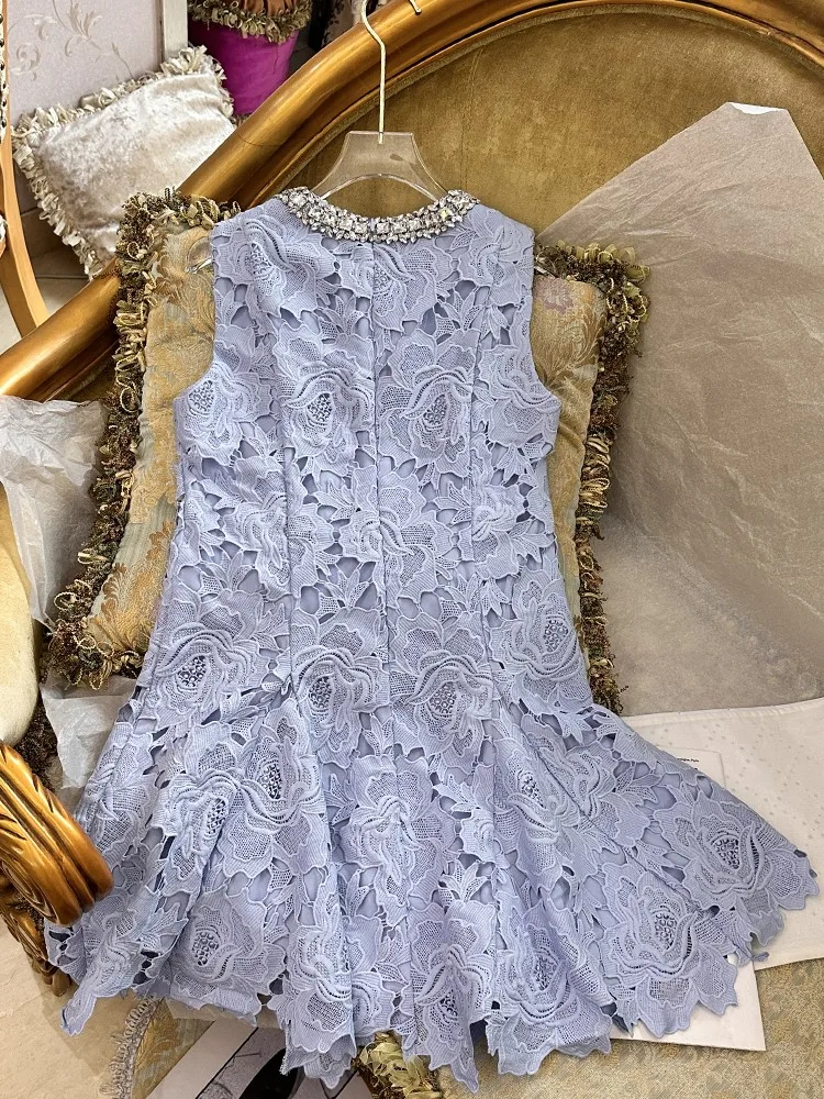 أزياء الصيف الإناث نمط جديد الماس طوق اللباس أنيقة الدانتيل أكمام س الرقبة البلوز فساتين فوق الركبة فستان الشمس الصغيرة