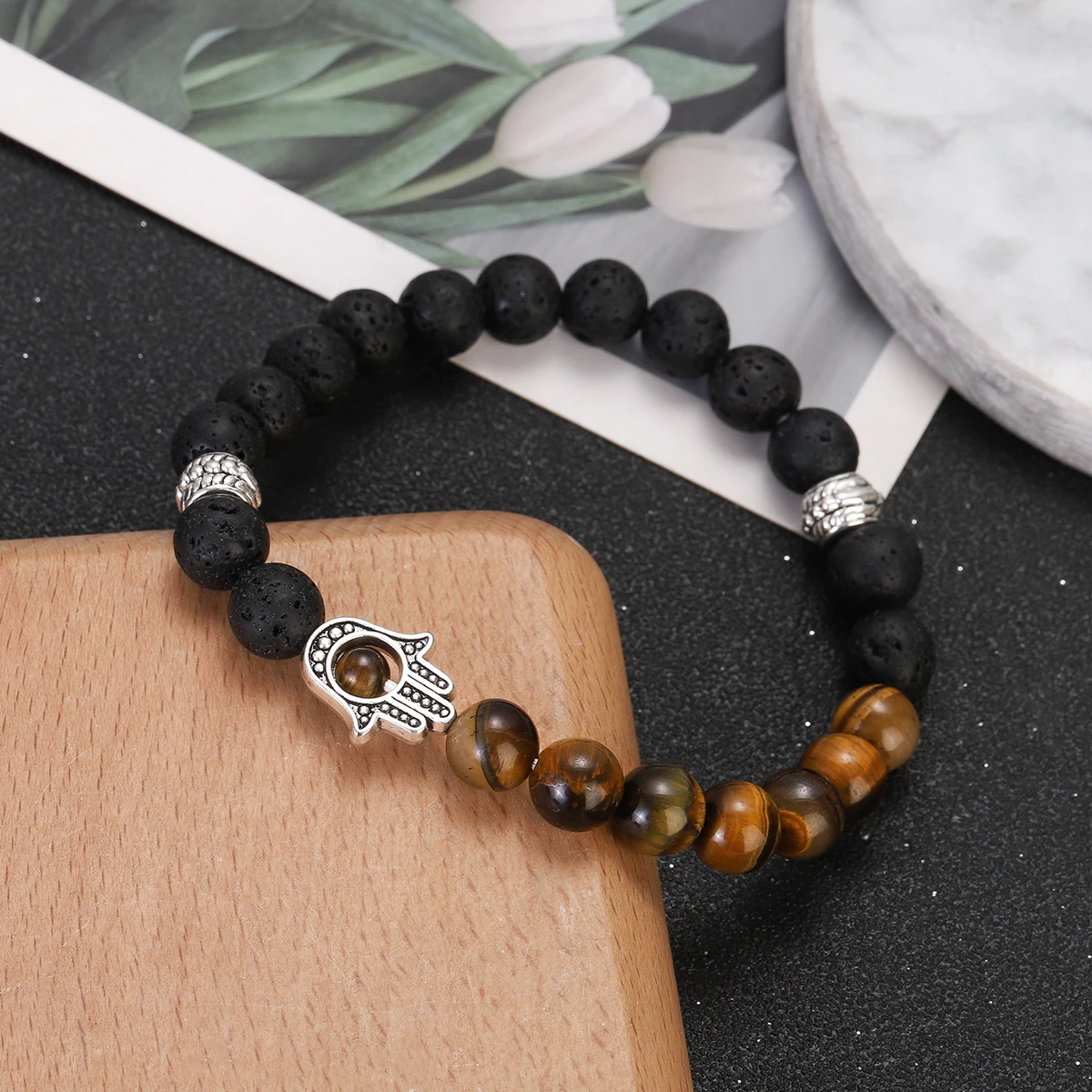 Natural Tiger Eye Lava Beads Chakra Bracelets for Men Women Lucky Turkish Evil Eye Hand Of Fatima Jewelry Bangles Gifts