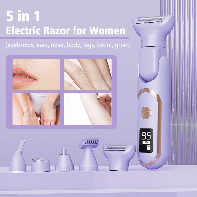 Electric Razors for Women, 5-in-1 Wet/Dry Bikini Trimmer Facial Hair Removal, Wet/Dry Body Shaver for Nose Eyebrow Beard Leg Arm