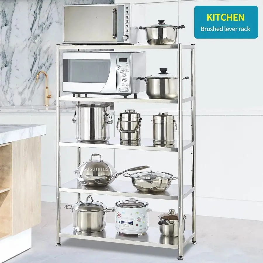 5-laags roestvrijstalen plank, zware rekken voor keuken, garage, industriële opslag, keukenplanken verstelbare voeten, gemakkelijk