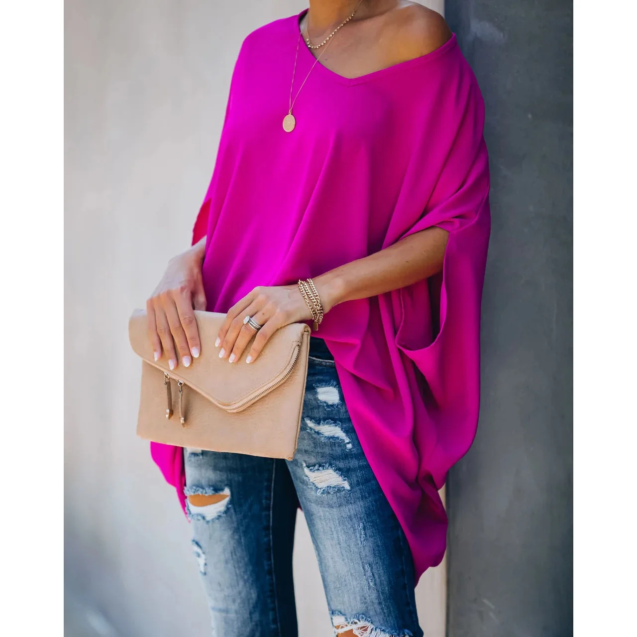 2021 New Home T-shirt con maniche a pipistrello INS Top multicolore con scollo a V stile vacanza allentato