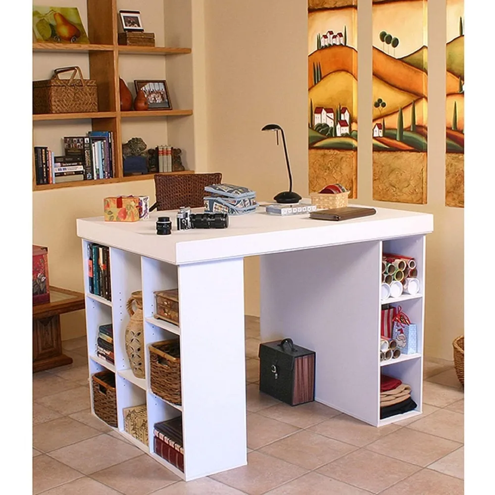 Project Center Desk with Bookcase and 3 Bin Cabinet,Modern-White