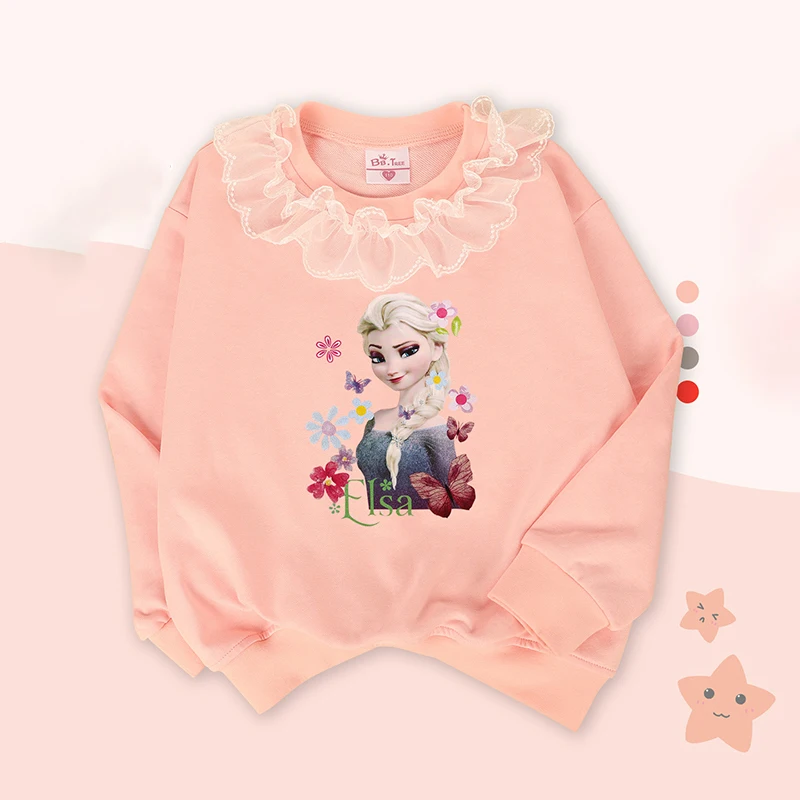 

Girls Elsa Princess Print Hoodies Korean Style Long Sleeved Kids Pullover Tops Children's Loose O-Neck Cartoon Sweatshirt