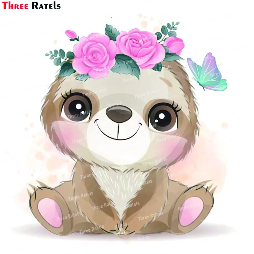 Three Ratels K687 Cute Little Sloth  Portrait With Floral for Kids Room Nursery Wall Decal Baby Gift Room Decor