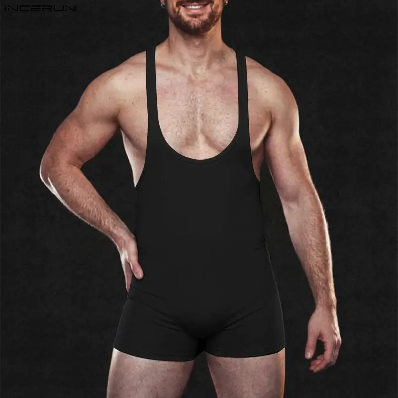 

INCERUN Men's Bodysuits Solid O-neck Sleeveless Backless Male Rompers Playsuits 2026 Summer Sexy Hollow Out Bodysuits For Man