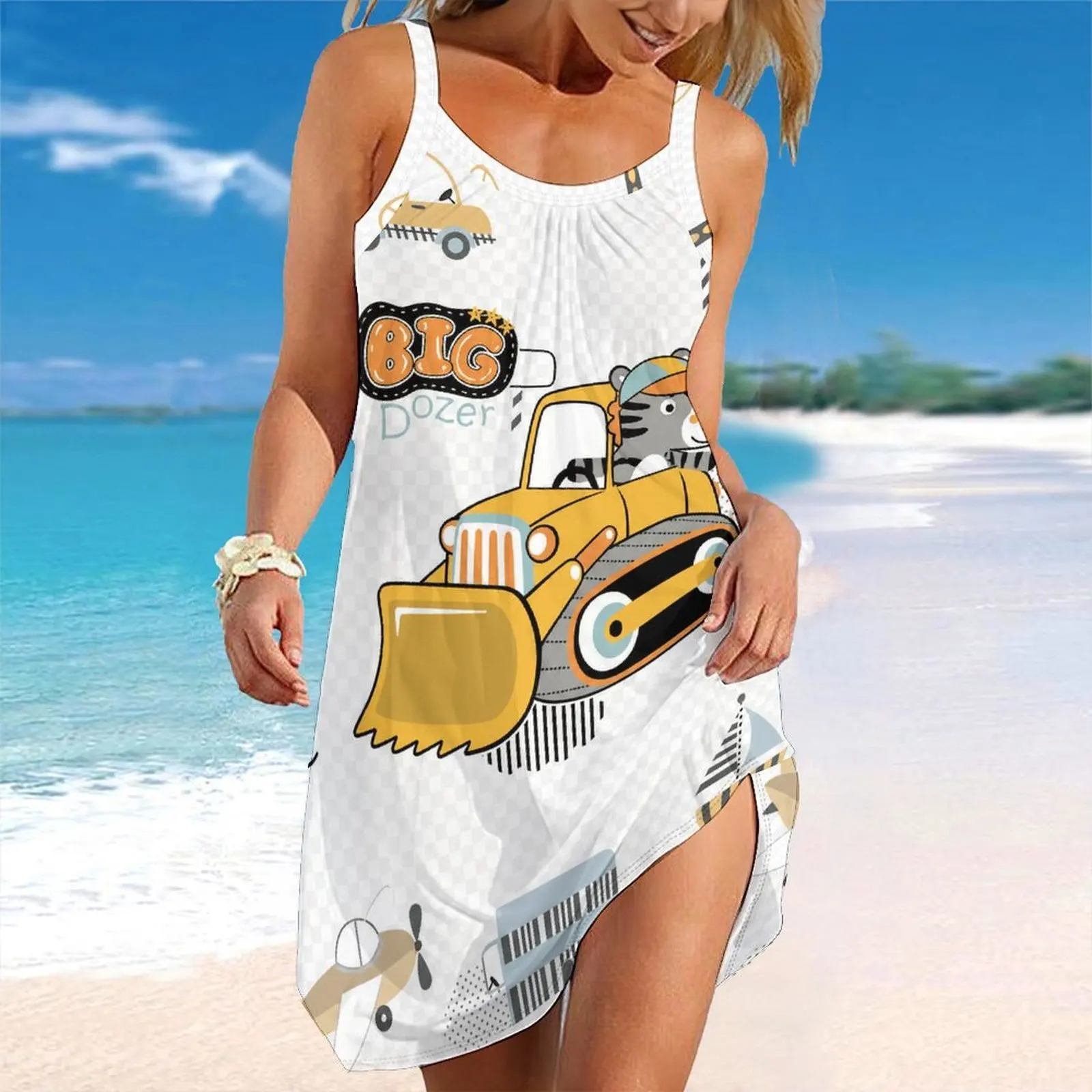 Women Spaghetti Strap Beach Dress V Neck Pleated Loose Mini Dress Custom Print Ladies Vacation Cover Up Dress