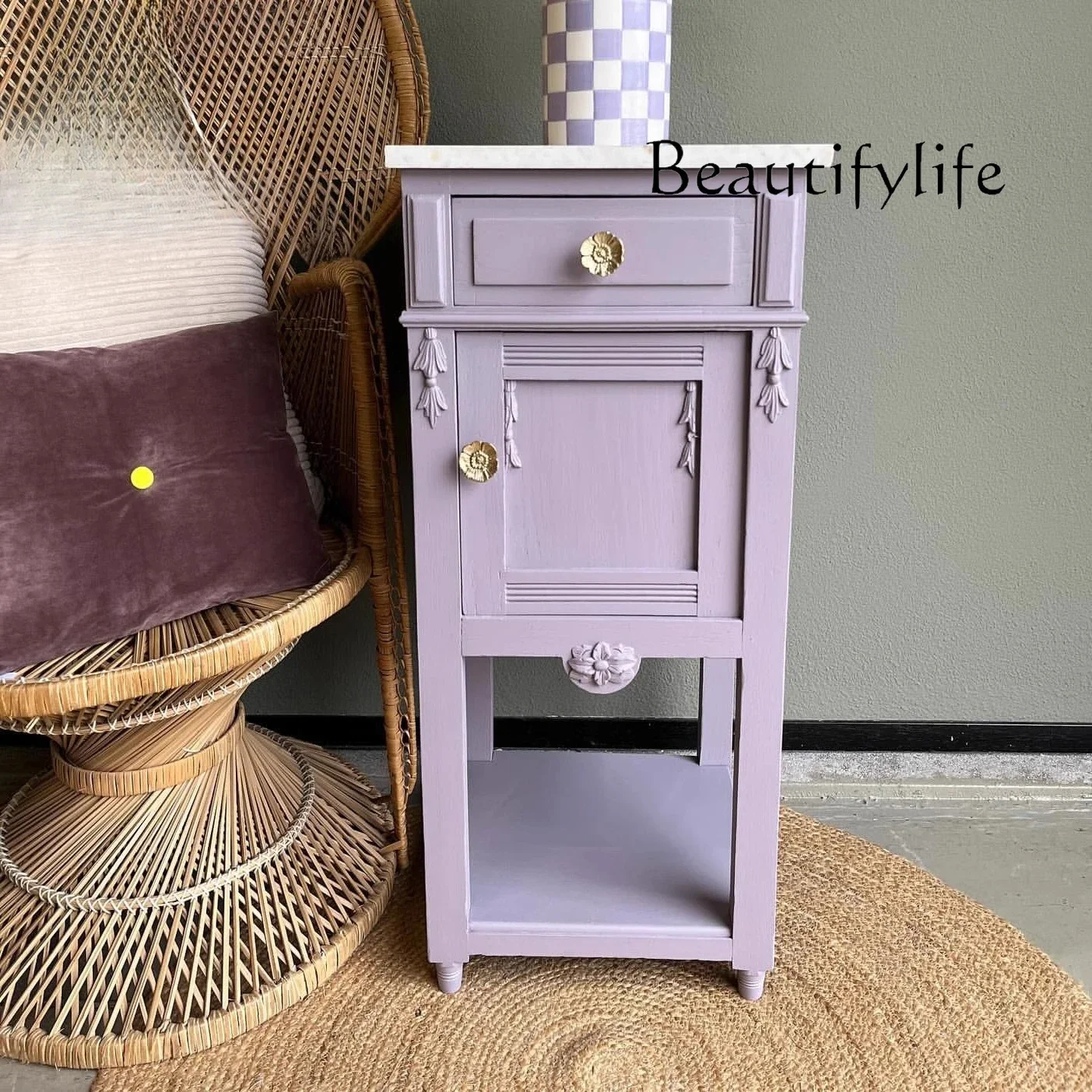 

ZY French Solid Wood Simple Bedside Table American Bedroom Storage Cabinet Living Room With Side Drawer Cabinet